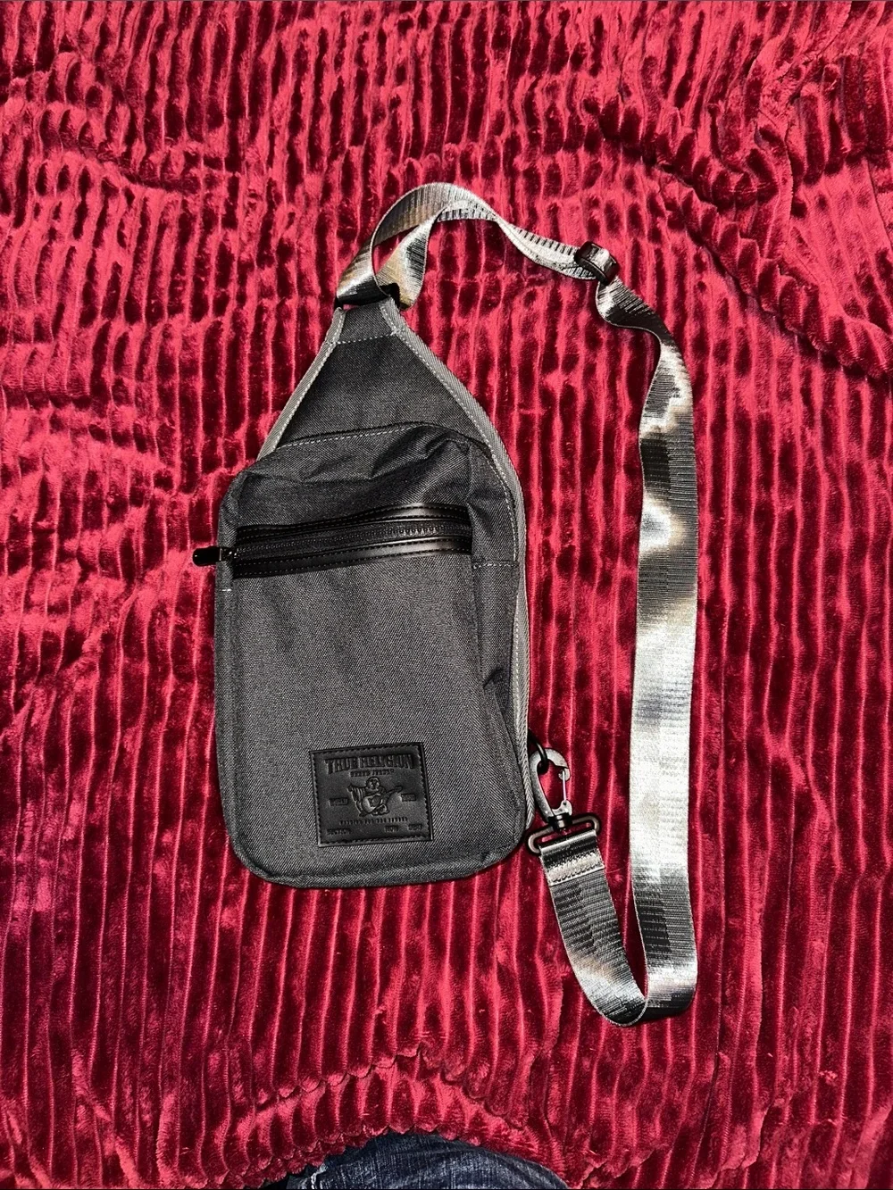 True Religion Black Sling Crossbody Bag with Silver Strap